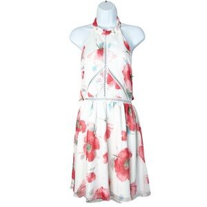 Two Sisters The Label Floral Halter Mini Dress High Neck White Pink Size  Large